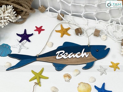 Bảng treo Cá gỗ sọc xanh Beach Retro [Nhẹ - Thủ công] 40x13cm BTC-BIEN-07